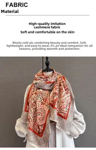 Detail of red and beige paisley pashmina scarf styled on a white wool coat