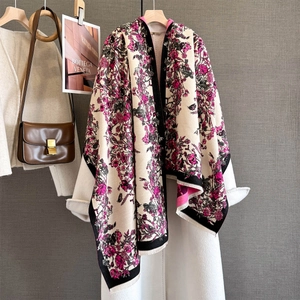 Elegant floral cashmere-style shawl for women with pink flowers and black borders
