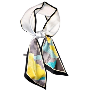 Élégant foulard étroit en soie style peinture à l'huile avec motifs abstraits jaune et bleu