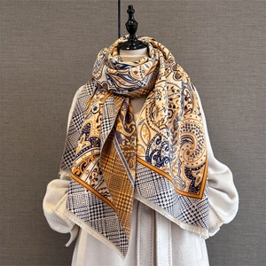 Detail of paisley and houndstooth jacquard pattern on yellow and blue winter shawl
