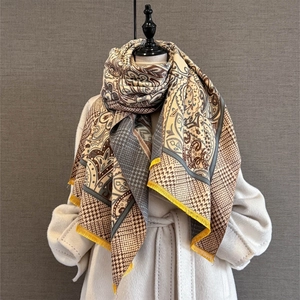 Beige and brown paisley jacquard scarf with houndstooth patterns and yellow tassels