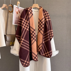 Classic plaid imitation cashmere scarf shawl in brown and orange on white wool coat