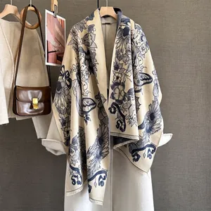 Floral butterfly pashmina scarf with sunflower jacquard pattern and fringe trim