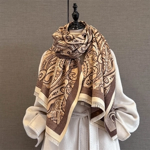 Women's warm winter shawl scarf with paisley jacquard patterns and tassel fringe detail