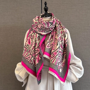 Hot pink paisley cashmere shawl for women, stylish winter scarf with fringe details