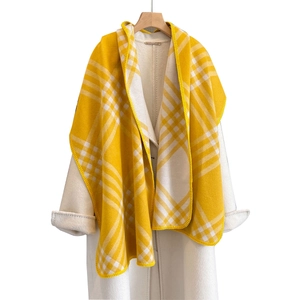 Soft yellow and white plaid cashmere-feel scarf with refined stitched edges for women