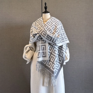 Classic grey and white geometric jacquard scarf with fringe for women in winter