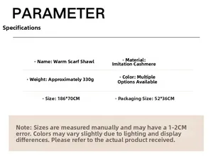 Detailed parameter chart for winter warm paisley scarf shawl with size and weight info