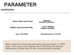 Detailed specifications for autumn cashmere-like shawl scarf including size 185x69cm and 400g weight