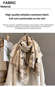 Detailed texture of beige cashmere-feel shawl with zebra and tropical palm leaf patterns