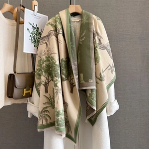 Autumn cashmere-like shawl featuring tropical zebra print and soft fringe trim