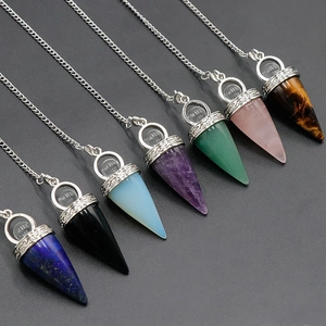 Natural Gemstone Hexagonal Cone Pendulum Necklace Alloy Engraved Cap Crystal Dowsing Divination Healing Jewelry