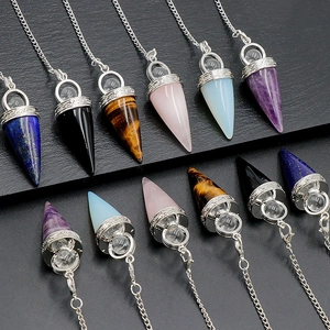 Natural amethyst and crystal cone pendulums with metallic chain for yoga and meditation