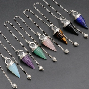 Set of seven natural amethyst and crystal hexagonal cone pendulum pendants for yoga meditation