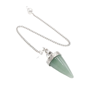 Natural green stone crystal pendulum pendant with vintage silver flower holder on chain