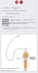 Detailed view of natural yellow crystal hexagonal column pendulum with sizing labels