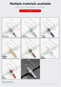 Selection of eight hexagonal crystal point pendants in amethyst rose quartz and tiger eye