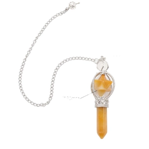 Merkaba star and hexagonal column citrine crystal pendulum with silver metal chain