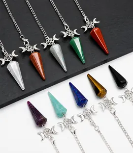 Detailed collection of assorted natural stone healing crystal pendulum pendants with moon chain