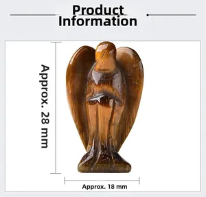 Macro detail of hand-carved tiger eye angel stone with natural chatoyancy and dimensions