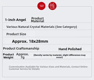 Specifications chart for 1-inch hand-polished natural crystal angel measuring 18x28mm