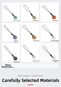 Detailed grid of 20mm natural crystal donut pendants with braided cords for keychains