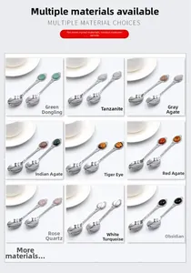 Macro display of 9 natural crystal stone styles on stainless steel coffee spoon handles