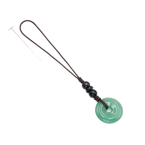 Natural green jade donut keychain with black beads and brown handmade braided cord