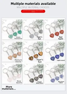 Detailed grid of nine natural gemstone heart keychains including amethyst and agate