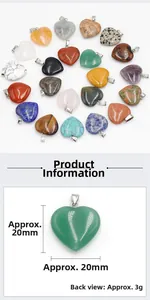 Detail view of 20mm heart-shaped natural crystal pendants with size and weight annotations
