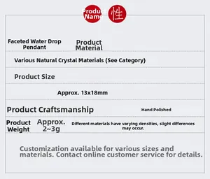 Detailed chart for faceted teardrop natural crystal pendants with size and weight specs