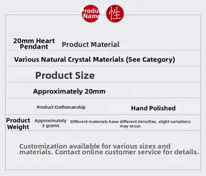 Detailed specifications for 20mm heart crystal pendant with hand-polished finish info