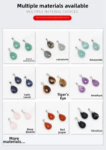 Detailed grid of faceted teardrop crystal pendants including amethyst and tiger eye stone
