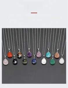 Detailed collection of multifaceted natural stone water drop pendant necklaces in varied hues