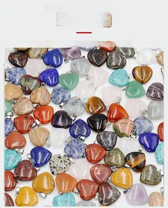 Collection of heart-shaped natural crystal pendants in various gemstones with metal clasps
