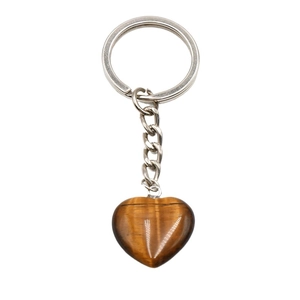 Tiger eye stone heart keychain with silver metal ring and polished natural crystal