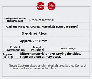 Spécifications du pendentif goutte en cristal naturel avec dimensions et poids du produit