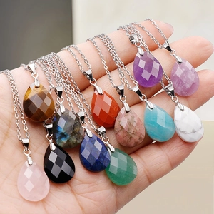 Natural crystal stone teardrop pendant necklaces in amethyst and tiger eye styles