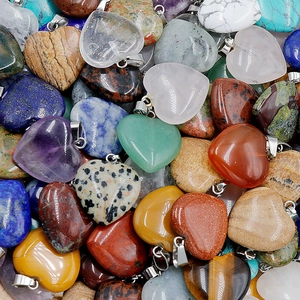 Polished 20mm heart-shaped natural crystal pendants in various gemstones with silver bails