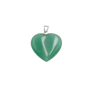 Polished green aventurine heart-shaped gemstone pendant with silver bail on white background