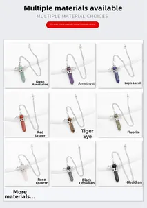 Collage of nine natural stone hexagonal prism pendants with silver angel wing charms
