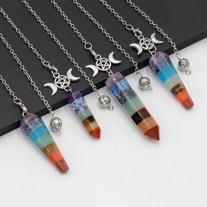 Chakra Healing Crystal Pendant Necklace Natural Stone Hexagonal Cone Triple Moon Pentagram Spiritual Jewelry For Women