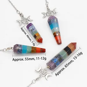 Seven chakra hexagonal crystal pendants with triple moon goddess and pentagram symbols