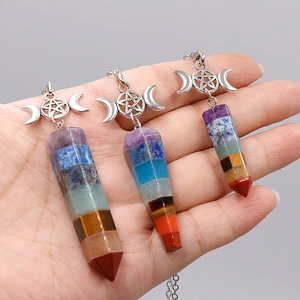 Triple moon goddess seven chakra stone cone pendant necklace with hexagonal crystal point