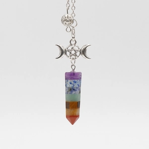 Chakra hexagonal crystal cone necklace with silver triple moon goddess symbol