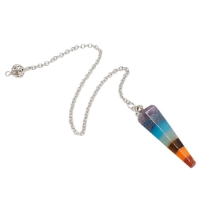 Handcrafted 7 Chakra healing crystal pendulum with hexagonal cone and silver metal chain