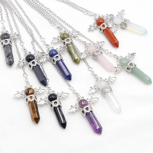 Natural Stone Crystal Hexagonal Column Angel Wings Pendant Necklace Spiritual Healing Reiki Pendulum Jewelry For Women
