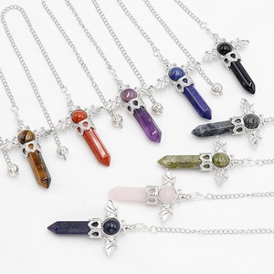 Amethyst and natural stone hexagonal crystal pendants with silver angel wings on chains