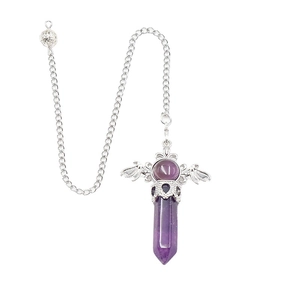 Amethyst crystal hexagonal column pendulum necklace with silver wings on white background.