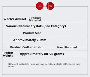 Specifications chart for 25mm hand-polished natural crystal and agate witch runes set